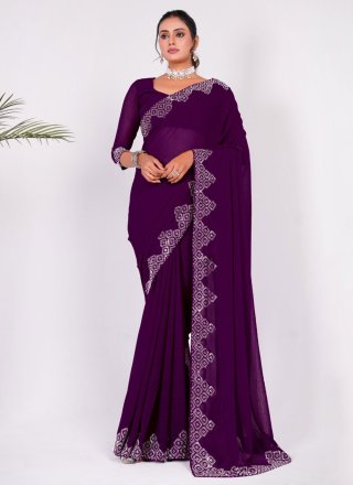 Wine Silk Embroidered Work Classic Saree for Ceremonial
