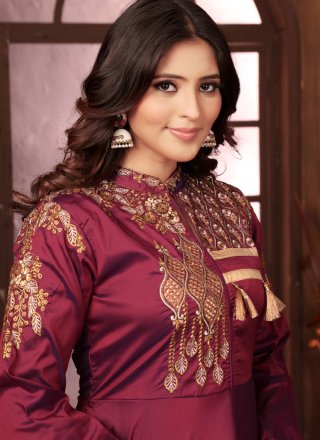 Wine Silk Embroidered Work  Designer Gown