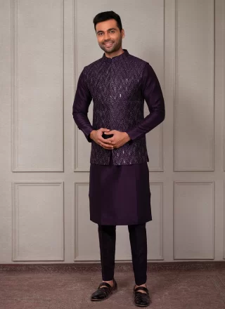 Wine Silk Embroidered Work Kurta Payjama with Jacket
