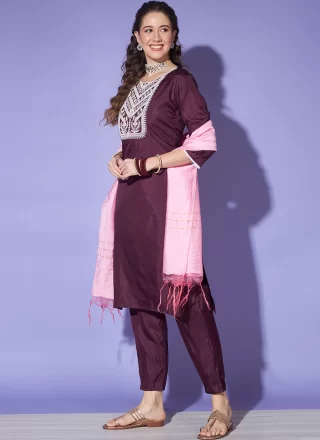 Wine Silk Embroidered Work Pant Style Suit for Casual