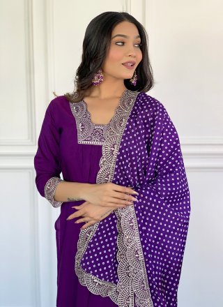Wine Silk Pant Style Suit with Embroidered and Print Work