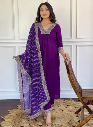 Wine Silk Pant Style Suit with Embroidered and Print Work