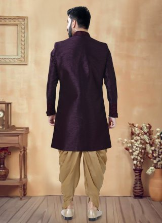 Wine Silk Sherwani Mens Wear with Embroidered, Sequins and Thread Work
