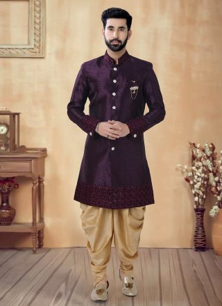 Wine Silk Sherwani Mens Wear with Embroidered, Sequins and Thread Work