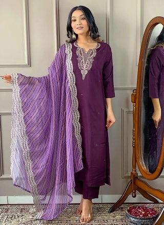 Wine Silk Trendy Suit with Embroidered and Print Work