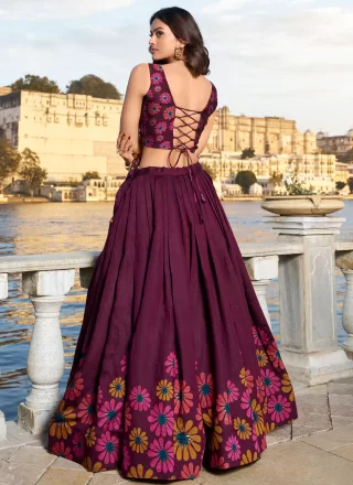 Wine Tussar Silk Foil Print Work Lehenga Choli