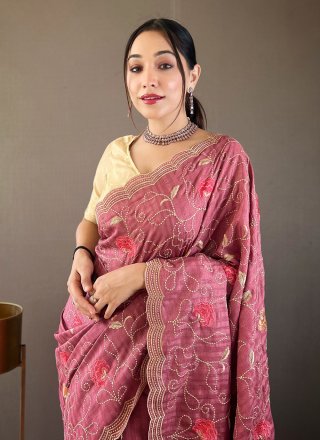 Wine Tussar Silk Traditional Saree with Embroidered Work for Women