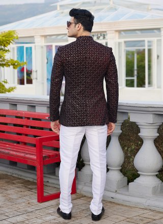 Wine Velvet Machine Embroidery and Thread Work Jodhpuri Jacket