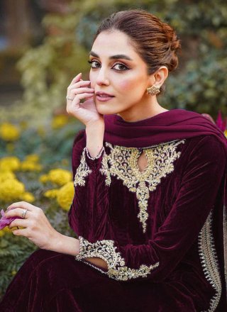 Wine Velvet Pant Style Suit with Embroidered Work
