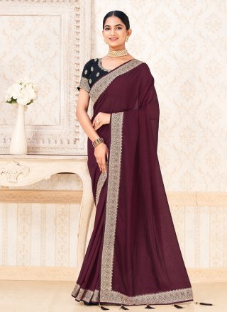 Wine Vichitra Silk Contemporary Sari
