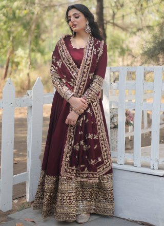 Wine Vichitra Silk  Designer Gown with Embroidered and Sequins Work