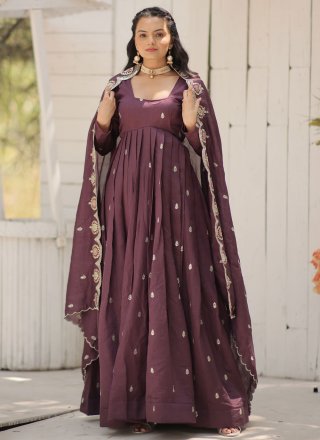 Wine Vichitra Silk Embroidered and Sequins Work Gown for Ceremonial