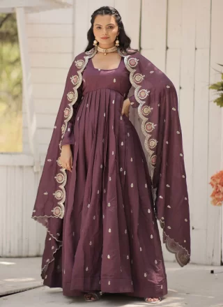 Wine Vichitra Silk Embroidered and Sequins Work Gown for Ceremonial