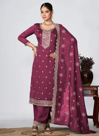 Wine Vichitra Silk Embroidered Work Trendy Suit for Women