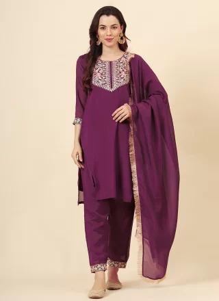 Wine Vichitra Silk Pant Style Suit with Embroidered Work