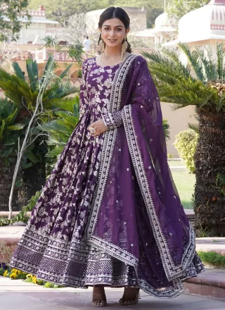 Wine Viscose  Designer Gown with Embroidered, Jacquard and Sequins Work for Ceremonial