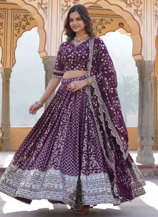 Wine Viscose Embroidered, Jacquard and Sequins Work Lehenga Choli for Ceremonial