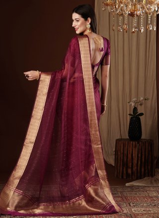 Wine Weaving and Zari Work Organza Contemporary Sari