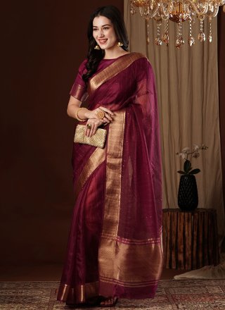 Wine Weaving and Zari Work Organza Contemporary Sari