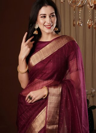 Wine Weaving and Zari Work Organza Contemporary Sari