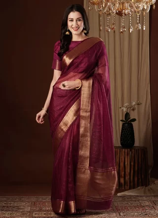 Wine Weaving and Zari Work Organza Contemporary Sari