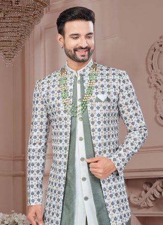 Winsome Grey and Off White Banarasi Silk Sherwani Mens Wear with Buttons and Machine Embroidery Work