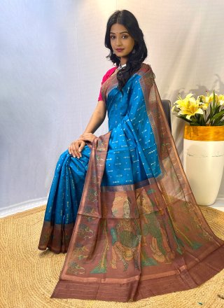 Winsome Teal Chanderi Silk Contemporary Saree with Patch Border and Print Work