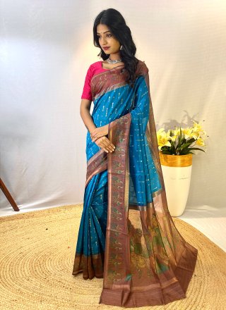 Winsome Teal Chanderi Silk Contemporary Saree with Patch Border and Print Work