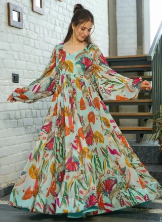 Wonderous Aqua Blue Chinon  Designer Gown