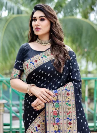 Wonderous Black Silk Trendy Saree with Bandhej and Weaving Work