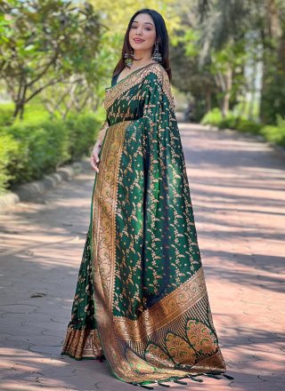 Woven and Zari Work Banarasi Silk Trendy Saree In Green