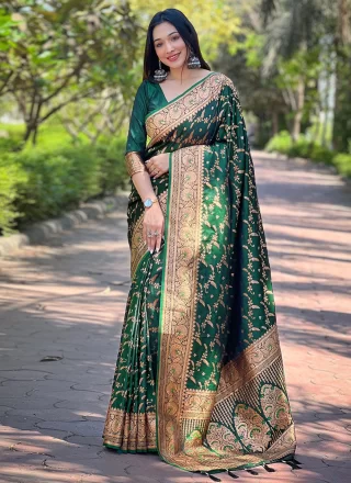 Woven and Zari Work Banarasi Silk Trendy Saree In Green