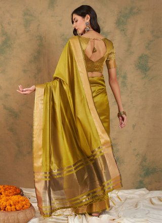 Woven and Zari Work Cotton Classic Sari In Yellow for Casual