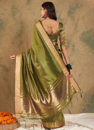 Woven and Zari Work Cotton Traditional Saree In Green for Casual
