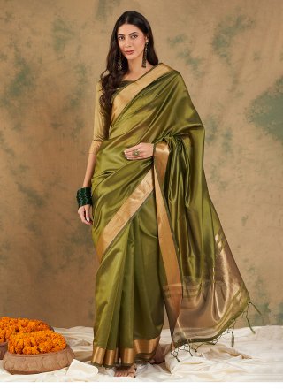 Woven and Zari Work Cotton Traditional Saree In Green for Casual