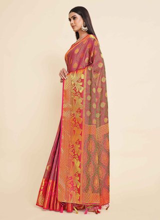 Woven and Zari Work Kanjivaram Silk Trendy Saree In Pink
