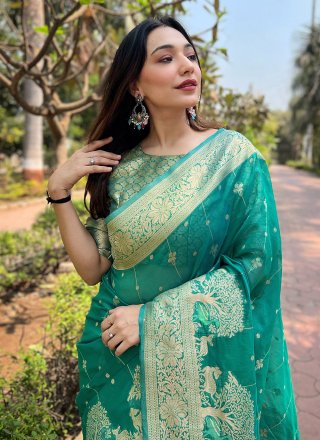 Woven and Zari Work Organza Contemporary Sari In Sea Green
