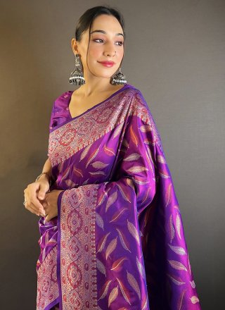 Woven and Zari Work Silk Contemporary Sari In Purple