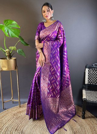 Woven and Zari Work Silk Contemporary Sari In Purple
