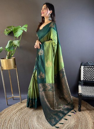 Woven and Zari Work Silk Traditional Saree In Green