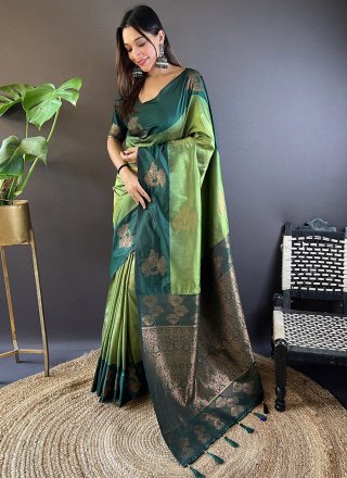 Woven and Zari Work Silk Traditional Saree In Green