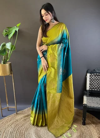 Woven and Zari Work Silk Traditional Saree In Sea Green