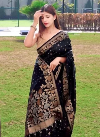 Woven Work Art Banarasi Silk Classic Sari In Black