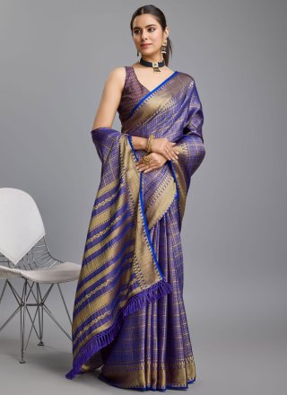 Woven Work Brocade Contemporary Sari In Blue for Casual