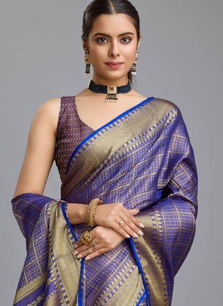 Woven Work Brocade Contemporary Sari In Blue for Casual
