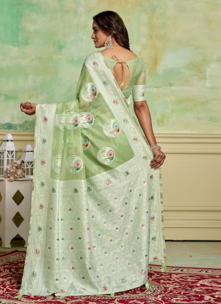 Woven Work Cotton Casual Saree In Green for Casual