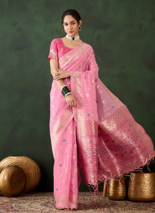 Woven Work Cotton Classic Saree In Pink