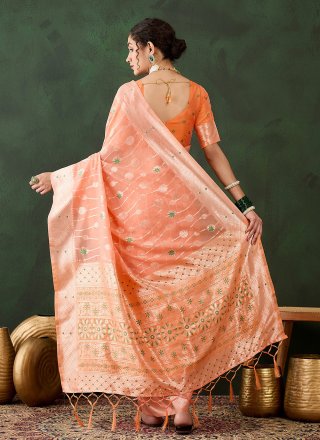 Woven Work Cotton Trendy Saree In Orange for Casual
