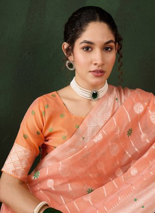 Woven Work Cotton Trendy Saree In Orange for Casual