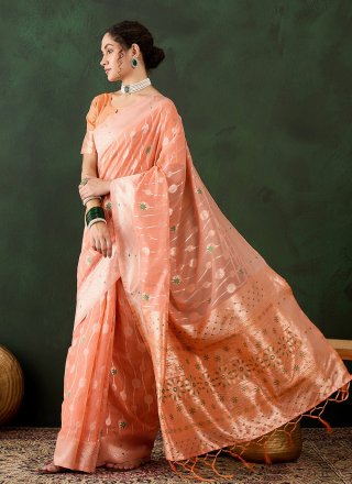 Woven Work Cotton Trendy Saree In Orange for Casual